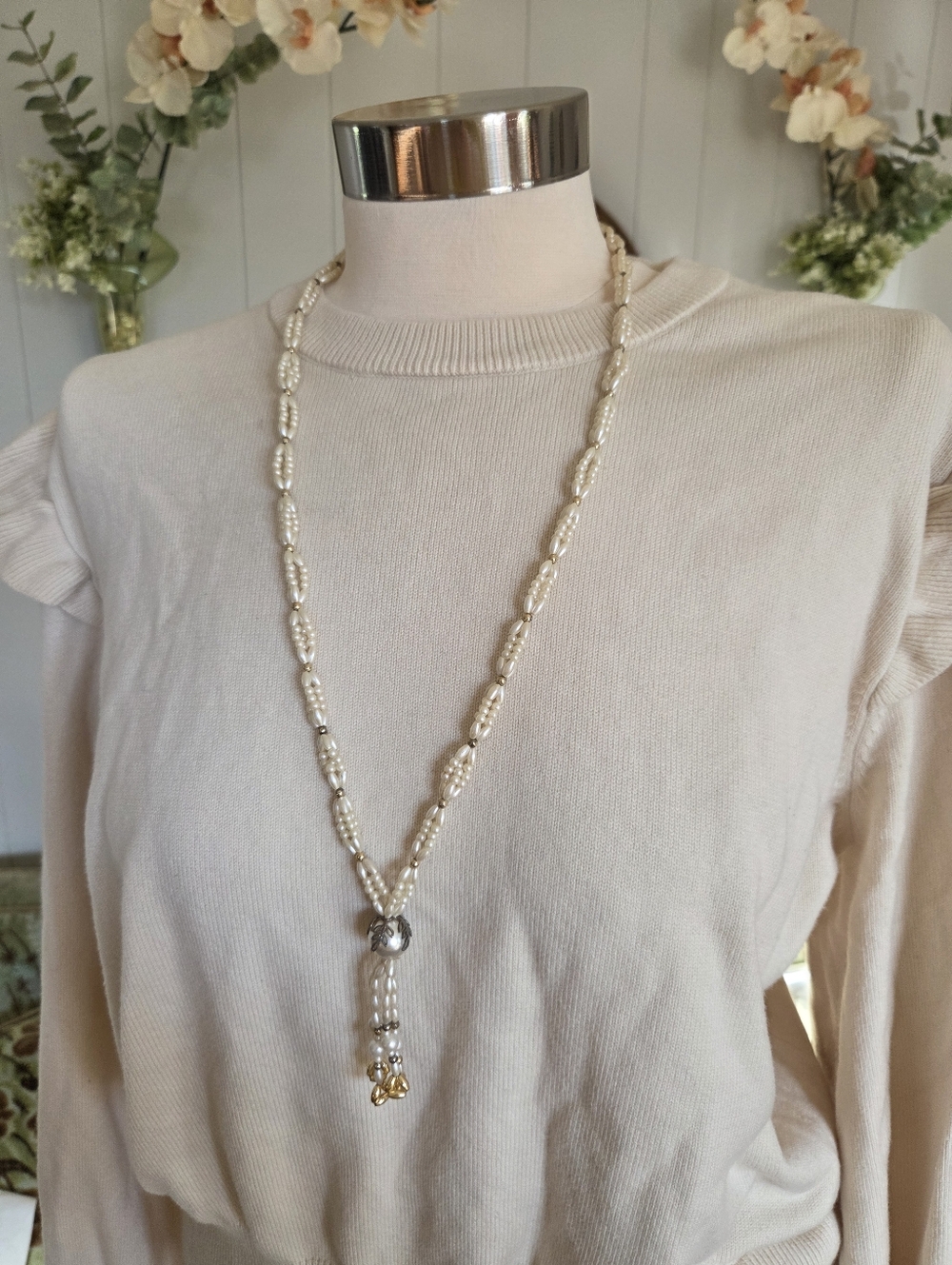 Vintage Handmade Elegant Cream Long Necklace with Tassel Accent